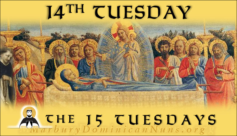 Header for 14th Tuesday with the image of Our Lady's Dormition with St. Dominic looking on.