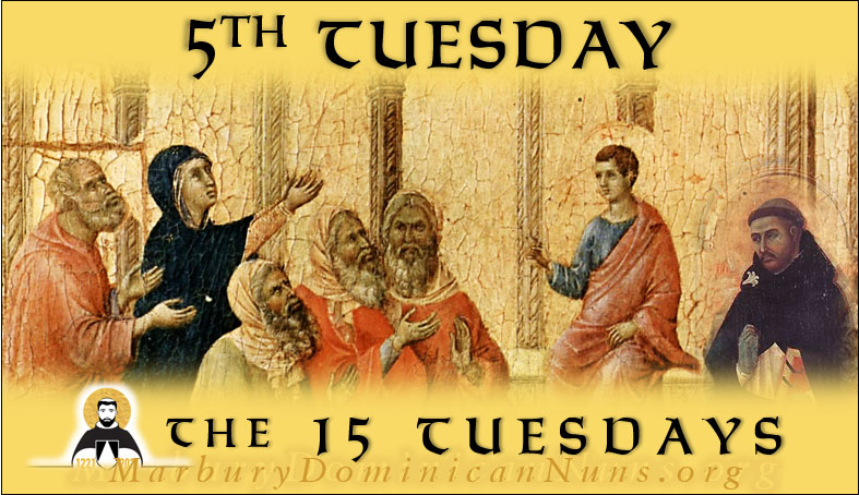 Header for 5th Tuesday with painting of the Finding of the Child Jesus in the Temple with St. Dominic added.