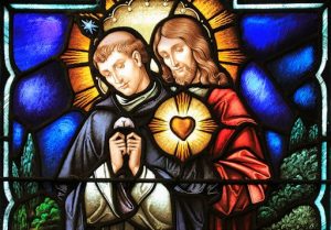 Photo of stained glass window in St. Dominic's church, Washington, D.C., of St. Dominic and the Sacred Heart of Jesus. Taken by Fr. Lawrence Lew, O.P.