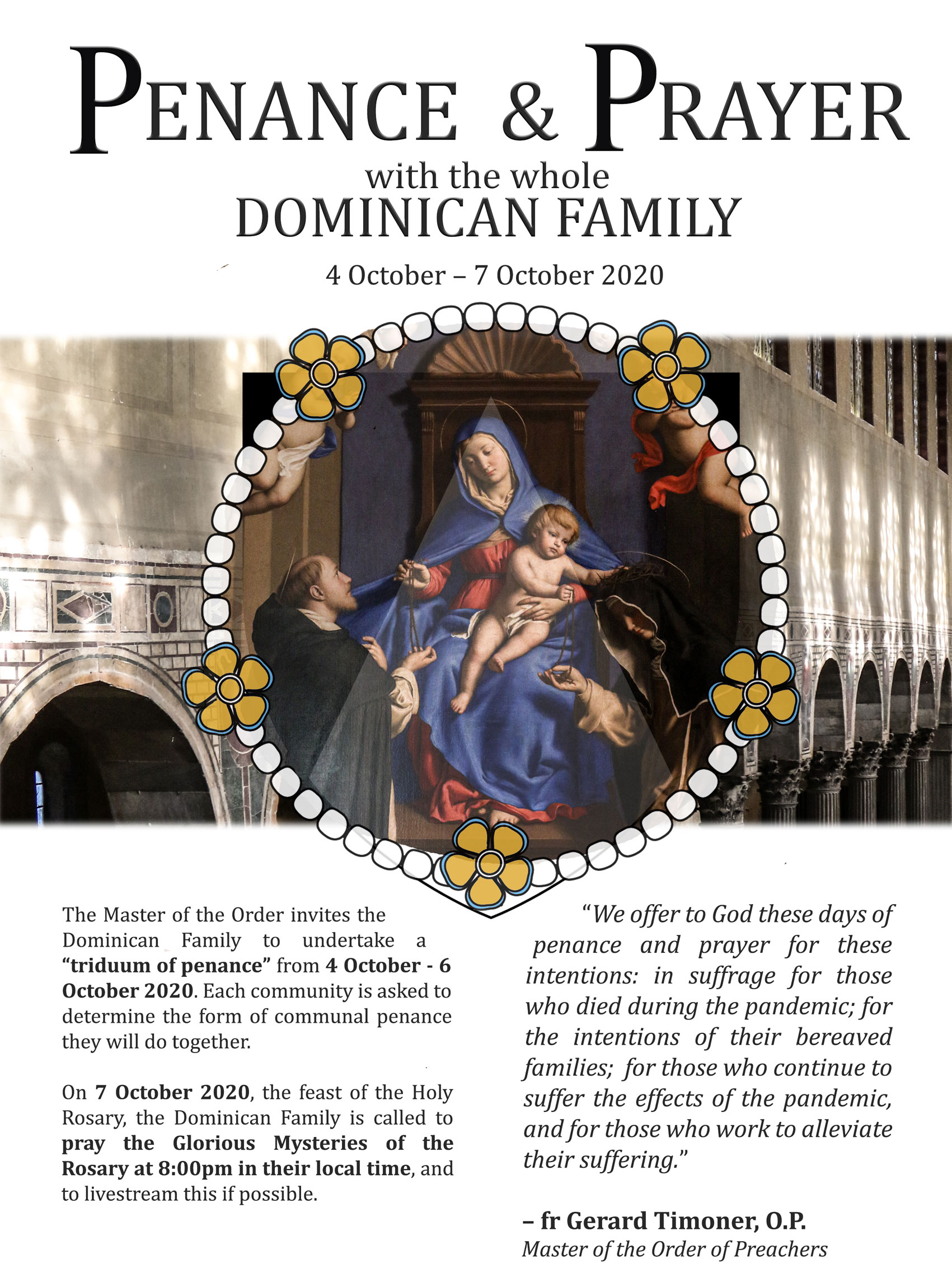 Poster of the Penance and Prayer with the Whole Dominican Family to be observed October 4 - 7, 2020. The information is summarized below.