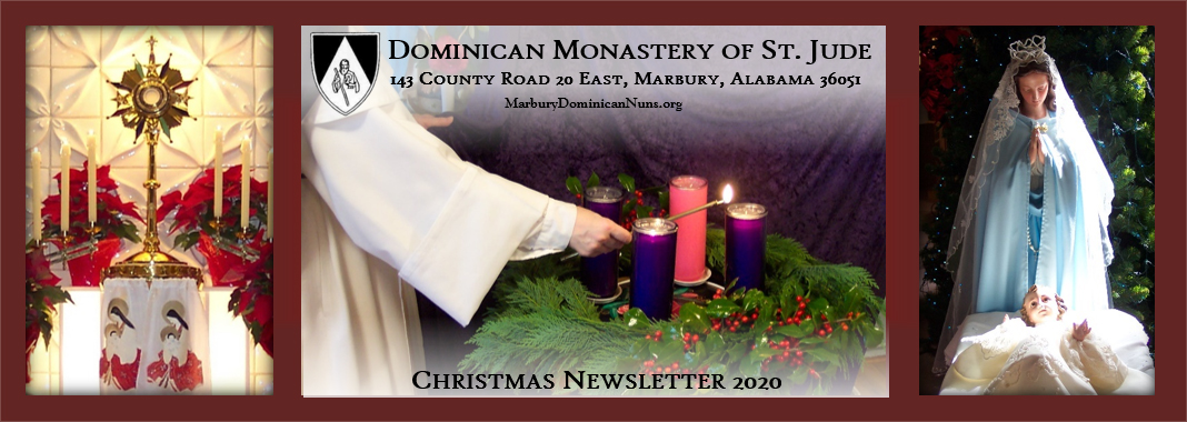 Christmas newsletter heading with Eucharistic Adoration, Our Lady, and Dominican nun lighting Advent wreath.
