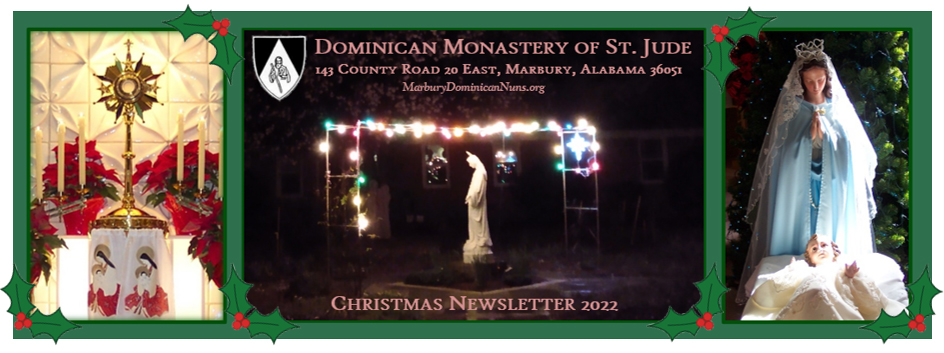 Christmas Newsletter 2022 Header, with photos of Christmas altar, Mother and Child, and Christmas lights.