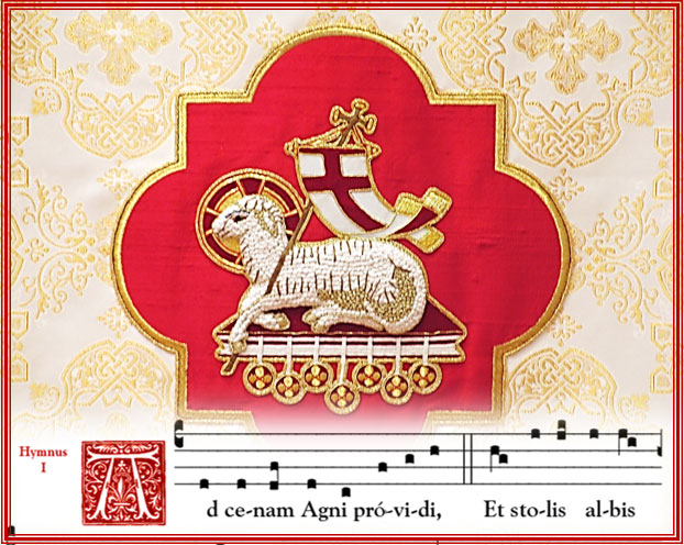 Embroidered design of the Paschal Lamb with the Dominican chant of the Ad Coenam Agni Providi hymn superimposed.