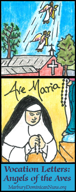 Cartoon of a Dominican nun praying the Rosary while the angels carry the sheaves of her Aves up to heaven.