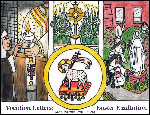 Vocation Letters cartoon of Dominican nuns celebrating Easter Vigil with the paschal candle; Eucharistic Adoration with Easter lillies; Dominican nuns enjoying an outdoor Easter egg hunt under the statue of Our Lady.