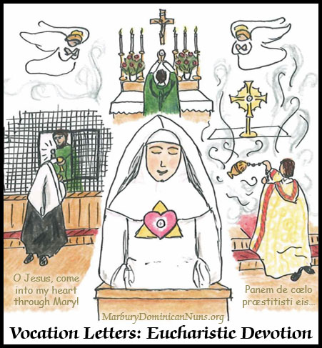 Vocation letters cartoon of a Dominican novice nun praying after receiving Holy Communion, surrounded by images of the nuns' life of Eucharistic Devotion: receiving Holy Communion, the Elevation at Holy Mass, Eucharistic Benediction