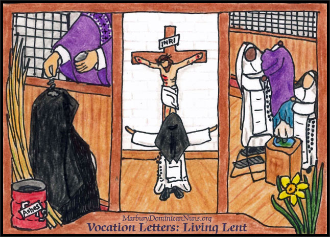 Vocation Letters cartoon of Dominican nuns living the liturgical season of Lent with their traditional practices of receiving Ashes, praying before Jesus on the cross, and covering statues with purple drapes for Passiontide.
