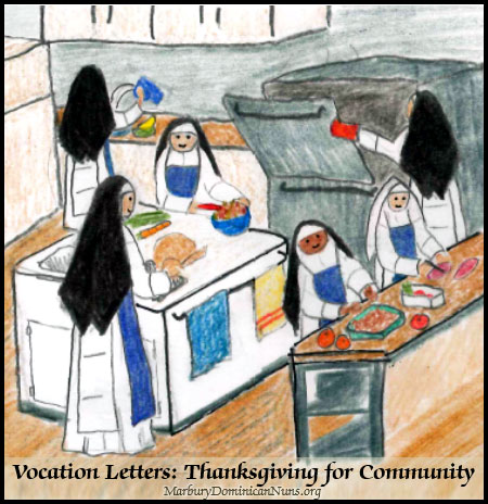 Cartoon of Dominican nuns making Thanksgiving dinner